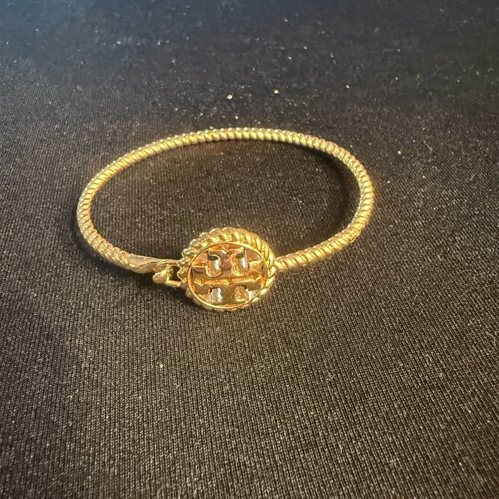 Tory Burch Gold Tone Logo Bracelet With Textured Band & Iconic Emblem NWOT